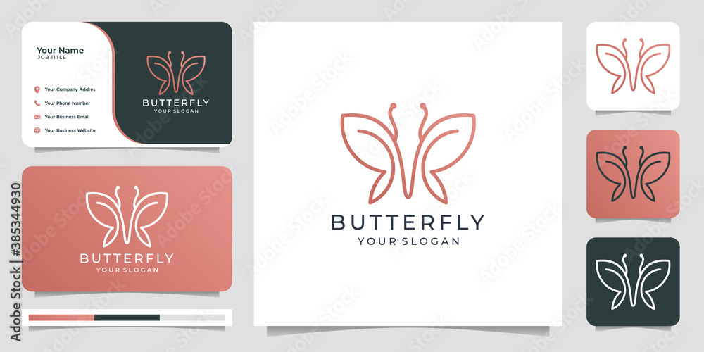 Butterfly logo design with business card.line art style logo template.Premium Vector Butterfly logo design with business card.line art style logo template.Premium Vector
