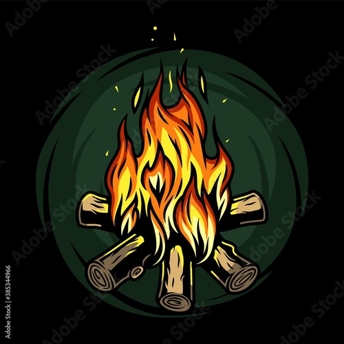 Emblem of burning bonfire with a large flame for camping. Colored vector Illustration of campfire for traveler and tourist. Outdoor adventure equipment. Sport activity