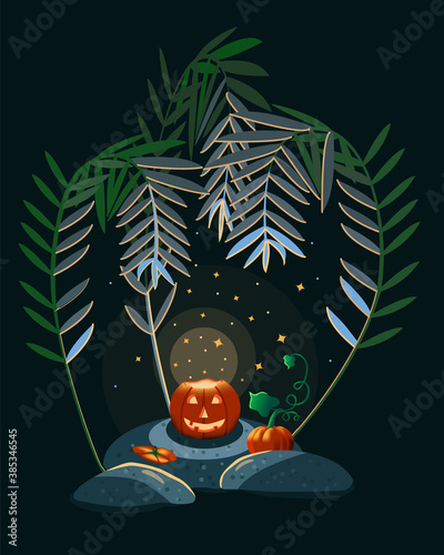 Halloween party. Glowing cheerful pumpkin under palm leaves. An illustration for your design.