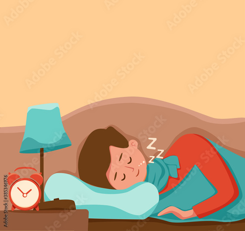Boy kid sleep in bed at night vector illustration. Child in pajama having a sweet dream in bedroom