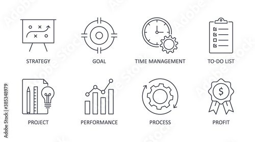 Vector productivity icons. Editable line stroke. Set of symbols business process system strategy performance profit. The goal of the to-do list time management project