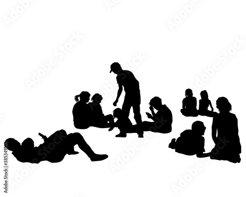 Men and women sit on the ground during a picnic. Isolated silhouettes on white background