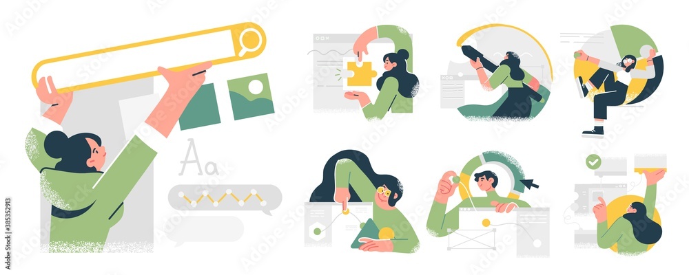 Fototapeta premium Business Concept illustrations. Collection of scenes with men and women taking part in business activities. Trendy vector style.