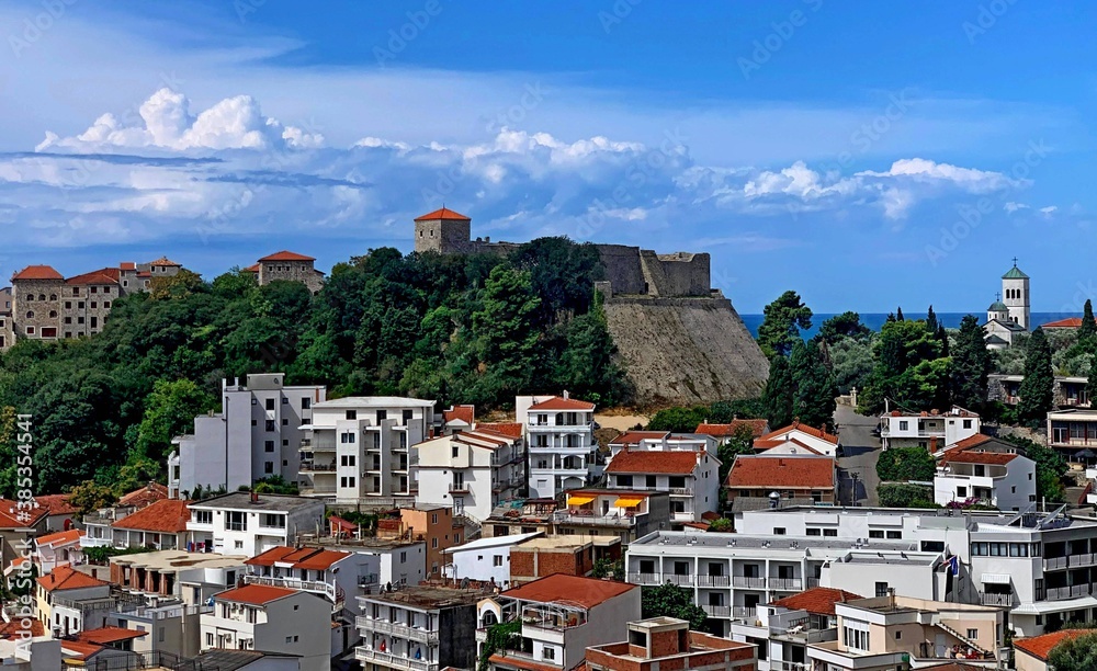 Urban cityscape old town Ulcinj in Montenegro, Mediterranean coast, Crna Gora in summertime, idyllic peaceful landscape.