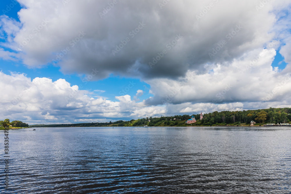 the Volga River in Tutayev, Russia. Tutaev is divided by the Volga into two parts, there is no bridge the Volga River in Tutayev, Russia. Tutaev is divided by the Volga into two parts, there is no bridge
