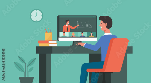 online education and distance learning concept, young man using computer at home video conferencing to male teacher, vector flat illustration