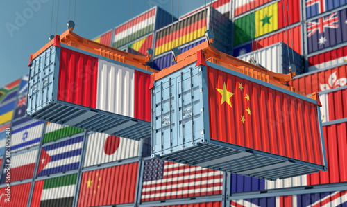 Freight containers with China and Peru national flags. 3D Rendering