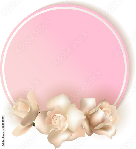Pink sticker decorated with roses. Floral frame for festive decor