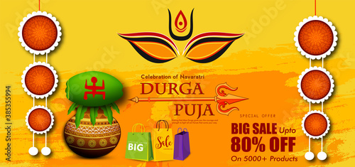 Illustration of Goddess Maa Durga in Happy Dussehra Navratri background Template Design celebrated in Hindu Religion and festival of happy durga puja with festival big sale offers