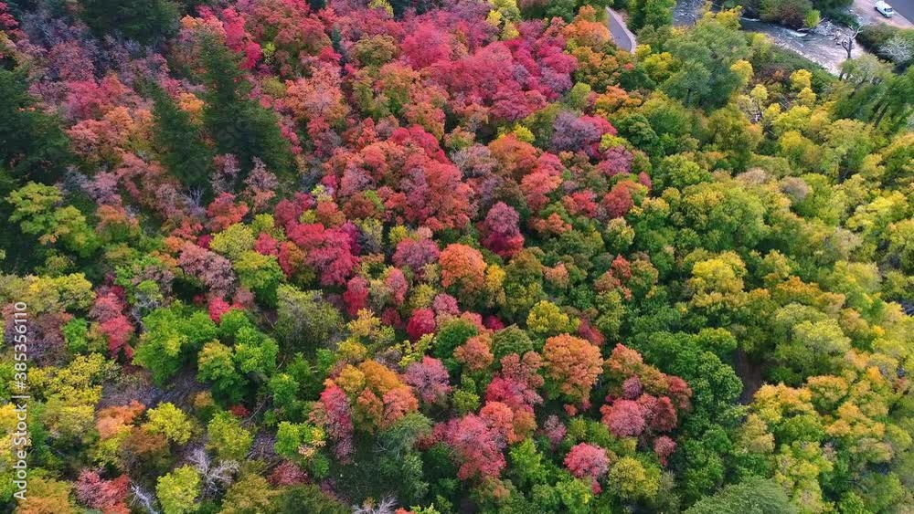 Flying over color scenery in Provo Canyon during Fall in Utah with river flowing through the landscape. Flying over color scenery in Provo Canyon during Fall in Utah with river flowing through the landscape.
