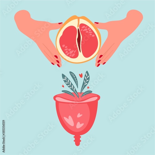 Grejpfrut fruit in the hand of a woman. Vector illustration with menstrual cup and flowers and leaves. Eco protection for woman in critical days. Women period. Intimate hygiene.