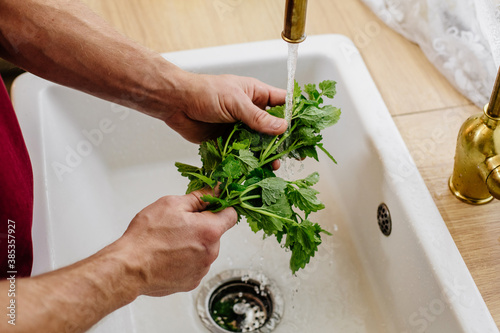 Close-up male hands washing fresh green stems. Wash vegetables at home. Harvesting and cooking.