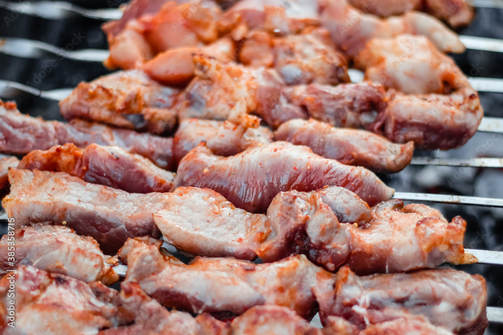 Close up of pieces of pork on skewers fried on the grill.