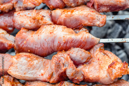 Close up of pieces of pork on skewers fried on the grill.