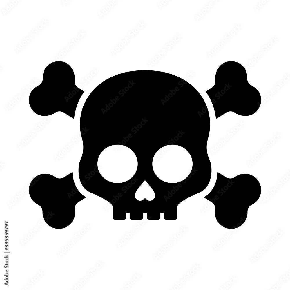 Black Silhouette of Skull and Bones. Jolly Roger Icon. Poison Icon, Glyph Style Pictogram on White Backdrop Black Silhouette of Skull and Bones. Jolly Roger Icon. Poison Icon, Glyph Style Pictogram on White Backdrop