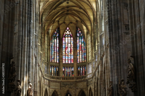 Stained glass Windows in the Cathedral of St. Vitus, Wenceslas and wojtech in Prague Hradcany on a Sunny day.