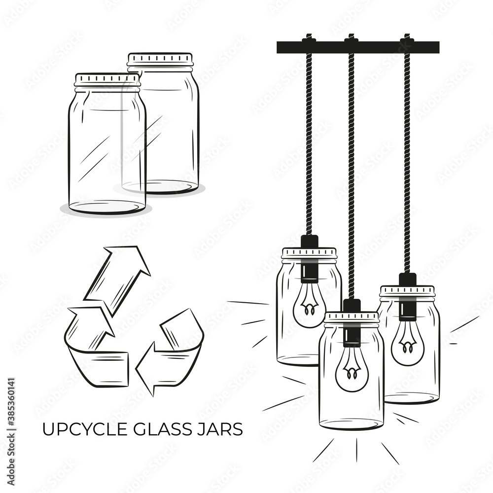 A lamp made of empty glass jars. Upcycle glass jars.  Vector isolated on a white background.