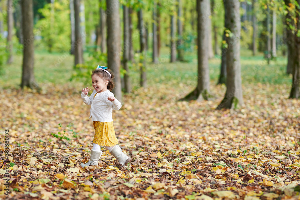Toddler girl run in autumn forest Toddler girl run in autumn forest