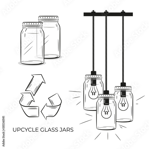 A lamp made of empty glass jars. Upcycle glass jars.  Vector isolated on a white background.