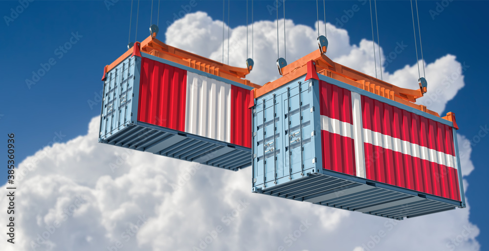 Freight containers with Denmark and Peru national flags. 3D Rendering