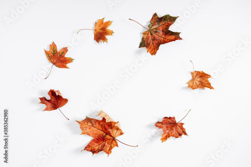 Autumn creative composition. Colorful dry leaves on white background. Fall concept. Autumn background. Flat lay, top view, copy space