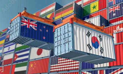 Freight containers with South Korea and New Zealand national flags. 3D Rendering