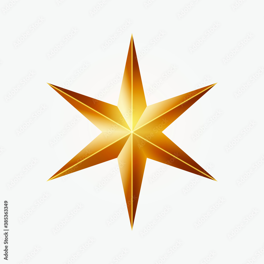 Realistic golden Christmas six-pointed star. Vector illustration on white background