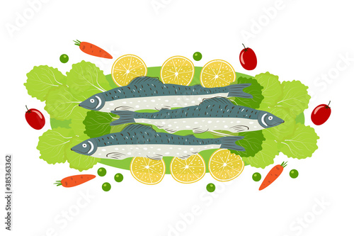 three fish on a platter with lettuce, lemon and vegetables