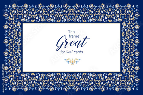 Vector blue frame, vignette, border, card design template. Elements in Eastern style. Floral borders, premade card. Arabic ornament. Isolated ornaments. Ornamental decoration for invitations, cards.