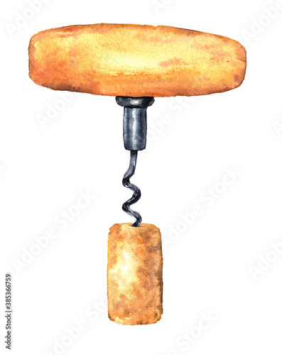 Corkscrew for wine in a cork on a white background isolated. watercolor illustration hand drawn for poster design photo