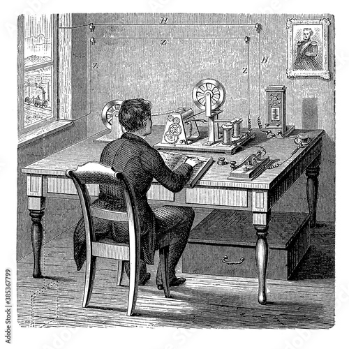 Vintage technology: Morse telegraph office station, employee working with the code photo