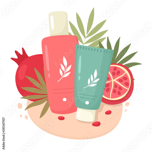 Cosmetics with pomegranate extract. Toner, cream or mask. Pomegranate seeds. Skin care. Vector illustration in flat style.
