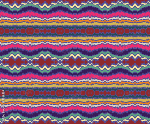 Ikat border. Geometric folk ornament. Ink on clothes. Tribal vector texture. Seamless striped pattern in Aztec style. Ethnic embroidery. Indian, Scandinavian, Gypsy, Mexican, African rug.