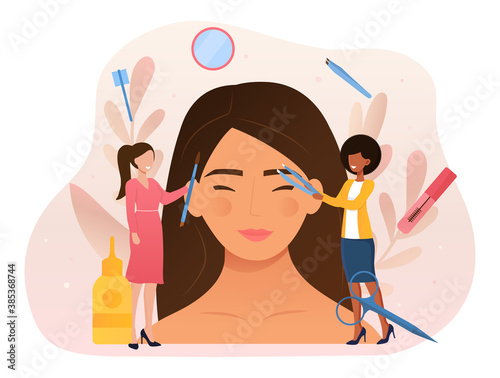 Beauty routine and facial care abstract concept. Masters of the beauty salon give a beautiful shape to the cute girl s eyebrows. Flat cartoon vector illustration.
