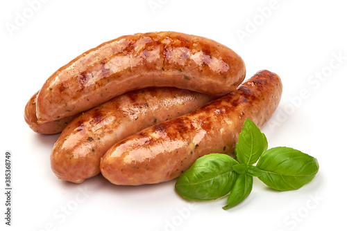 Grilled german bratwurst sausages, isolated on white background