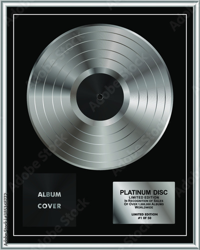 Platinum gramma disc limited edition. Platinum or Silver Vinyl or CD Prize Award with Label in Black and silver Frame. Vector Illustration. photo