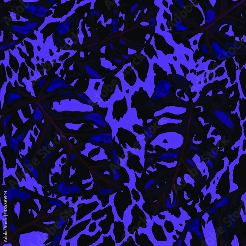 Tropical seamless pattern on animalistic texture. Jungle exotic summer print. Summer tropical leaf. Tropical flower fashion pattern. Floral tropic illustration. Vector seamless pattern.