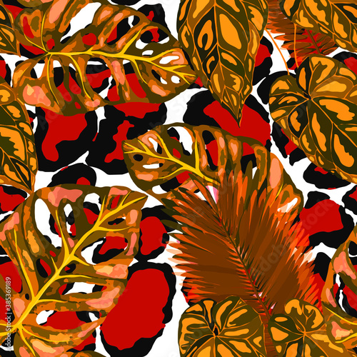 Tropical seamless pattern on animalistic texture. Jungle exotic summer print. Summer tropical leaf. Tropical flower fashion pattern. Floral tropic illustration. Vector seamless pattern.