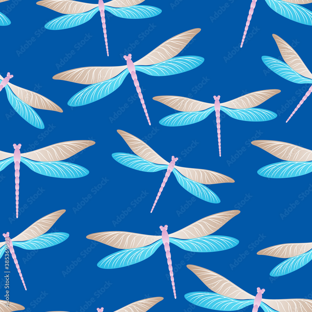 Dragonfly cool seamless pattern. Repeating dress textile print with flying adder insects. Close up 