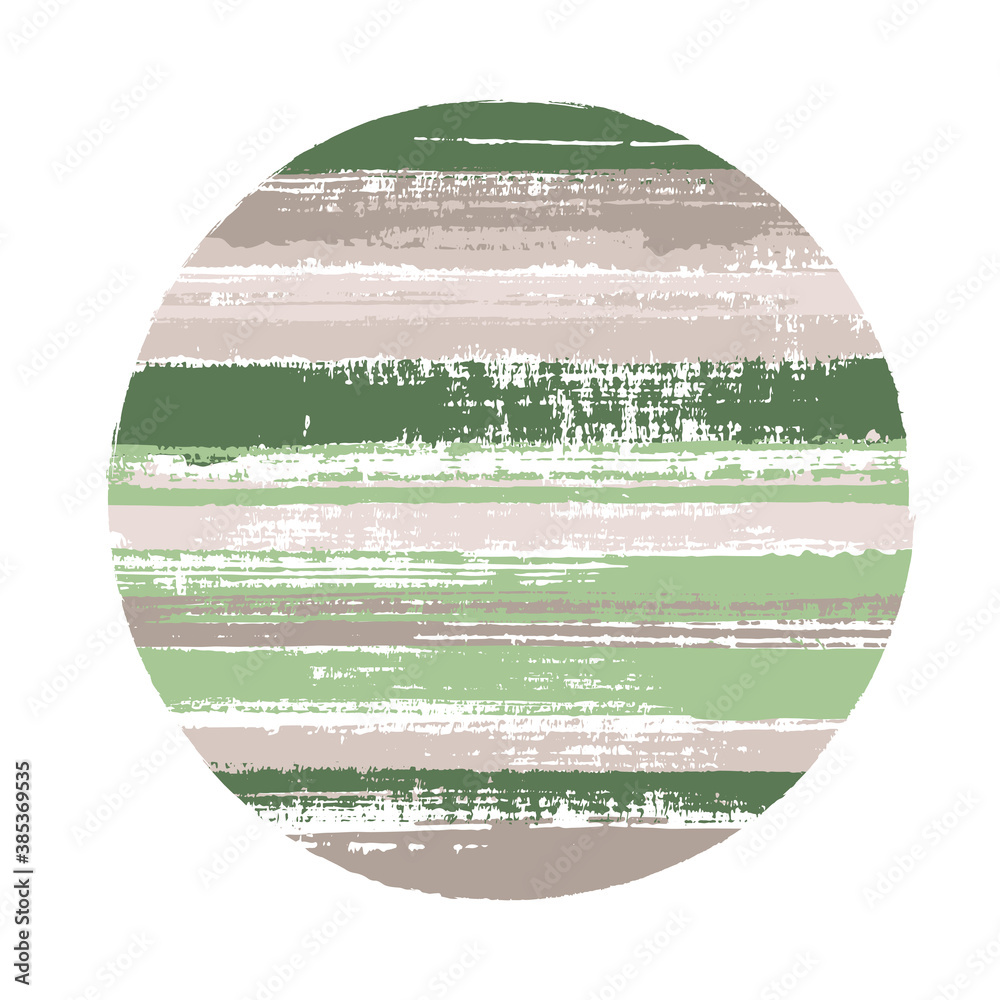 Rough circle vector geometric shape with stripes texture of paint horizontal lines. Old paint texture disc. Stamp round shape logotype circle with grunge stripes background.