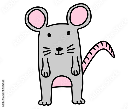 Little gray doodle mouse. Hand drawn lines cartoon character vector illustration isolated on white background.