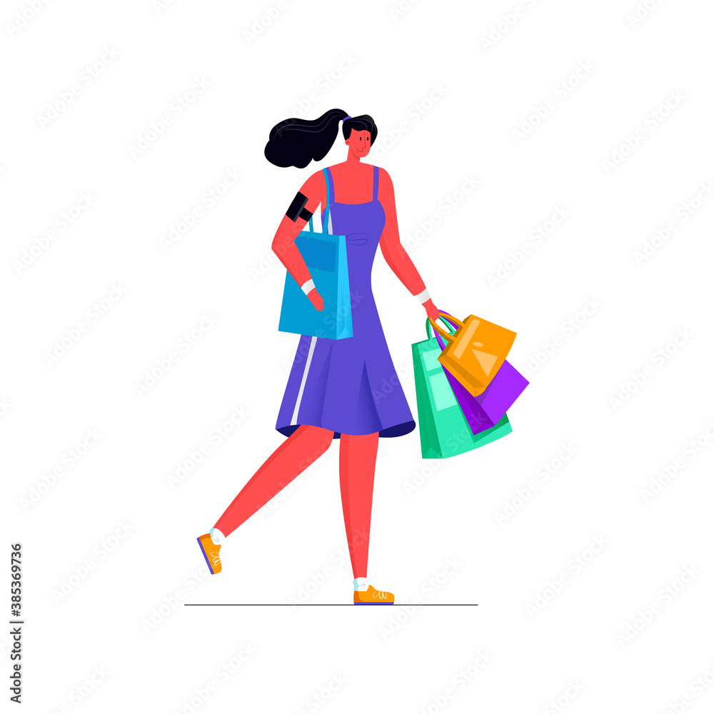 Vector isolated illustration with young woman in sportswear who goes with packages from store. The concept of shopping, shopping for athletes. It can be used in web design, banners, etc.