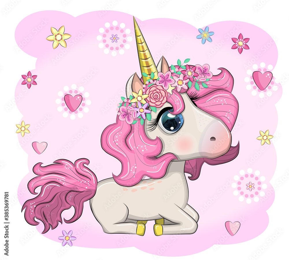 Magic cute unicorn, stars, clouds and moon poster, greeting card