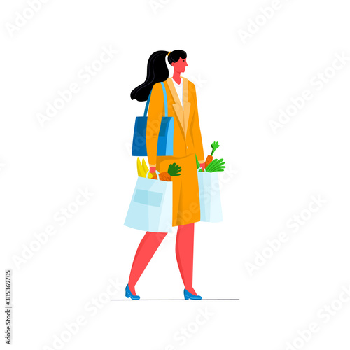 Vector isolated illustration young woman in business, office clothes, who goes with packages from grocery store. Concept shopping, proper nutrition, buying organic, natural products.