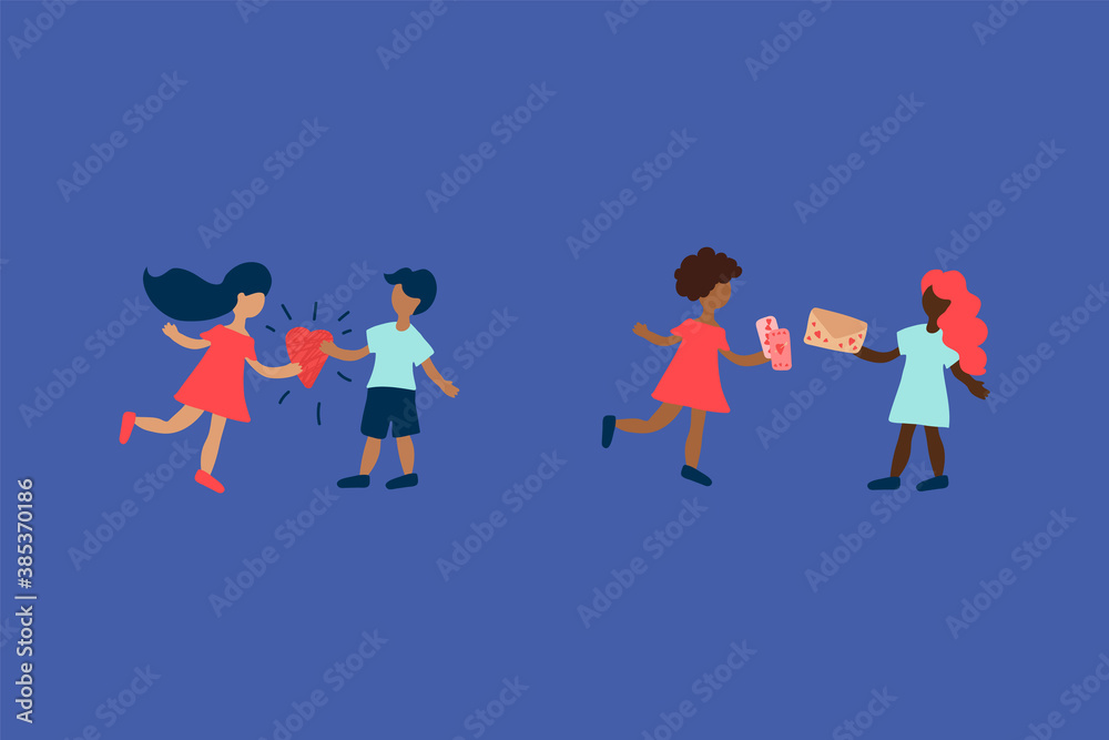 Fototapeta premium Illustration of multiracial young people for the day of Love. Elements of the vector illustration are hand-drawn boys and girls balloons with hearts and letters of love. Flat elements for Valentine's