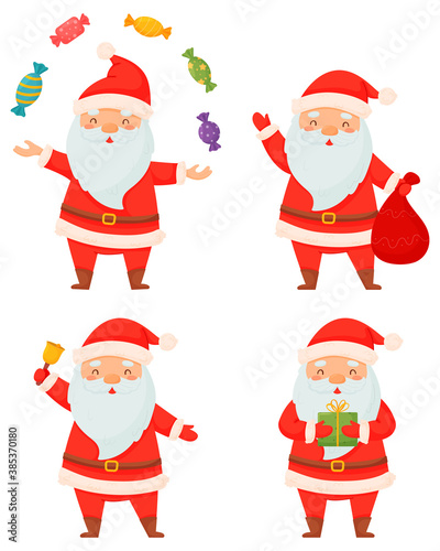 Christmas set of Santa Claus. Smiling Santa with a gift, with a bag, juggling sweets, with a bell.