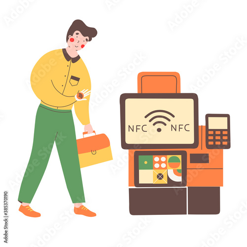 Payment terminal nfc, flat vector illustration. Safe payment. Man pays for the purchase.