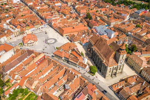 Aerial view of Biserica Neagră or Black Church in the city of Brasov, Romania. photo