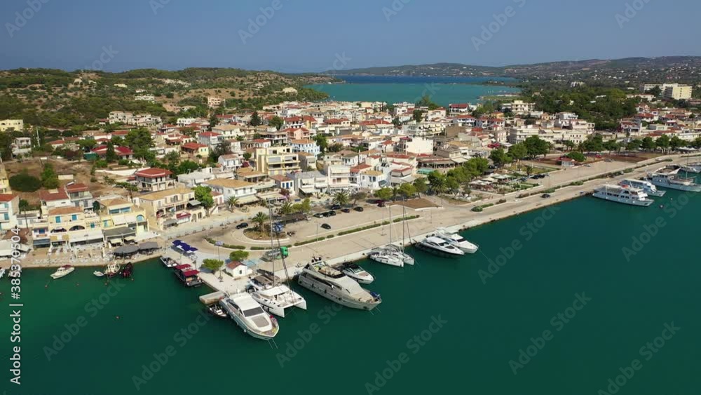 Aerial drone video of famous fjord seaside village and bay of Porto Heli in the heart of Argolida prefecture, Peloponnese, Greece Aerial drone video of famous fjord seaside village and bay of Porto Heli in the heart of Argolida prefecture, Peloponnese, Greece