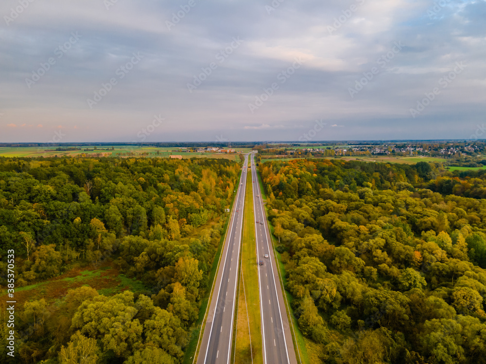 Aerial view of autumn colors in the forest with highway crossing it